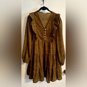 JODIFL Brown Leopard Print Long Sleeve Dress-Small